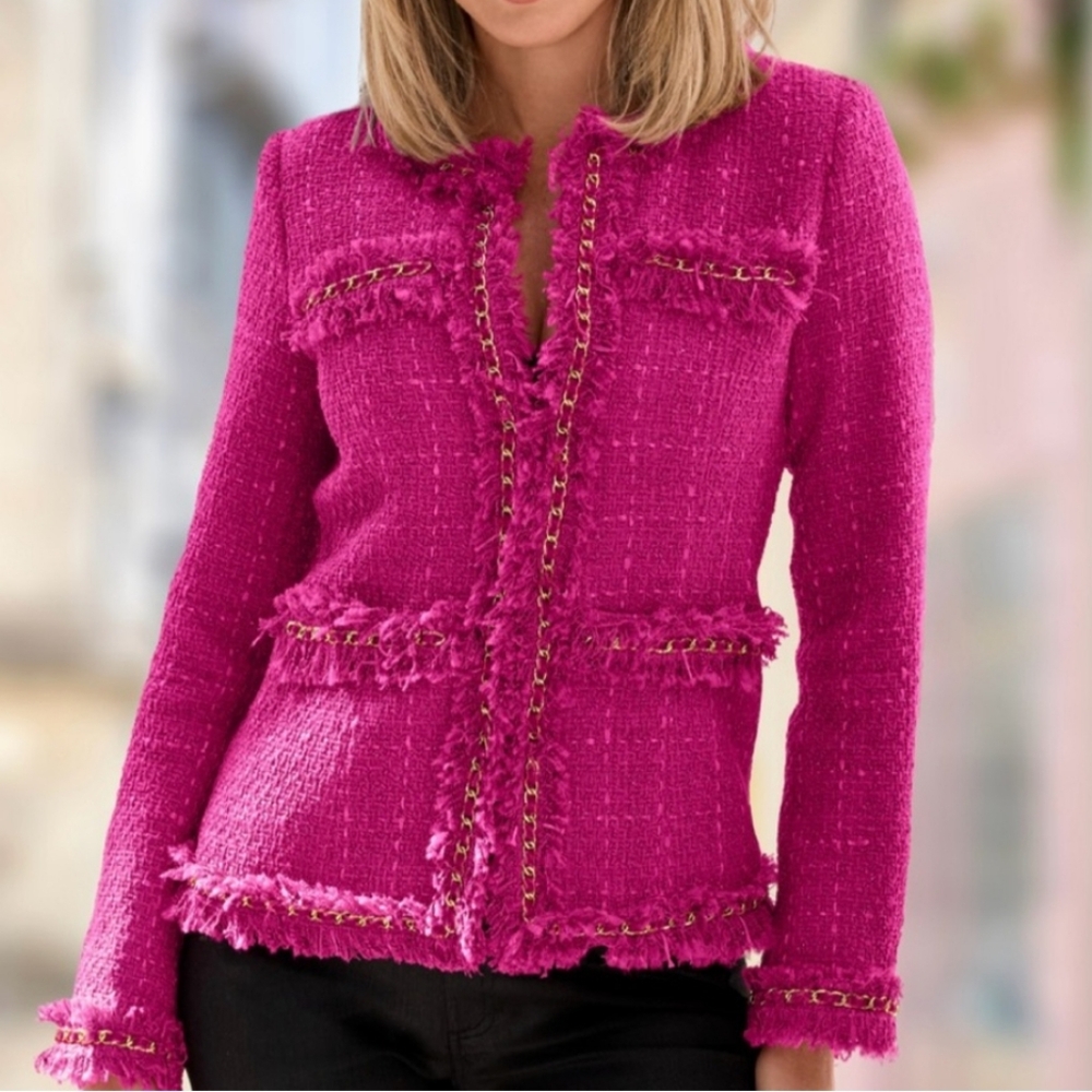 Boston Proper Chic Pink Boucle Tweed Jacket with Gold Chain and Fringe Size 14